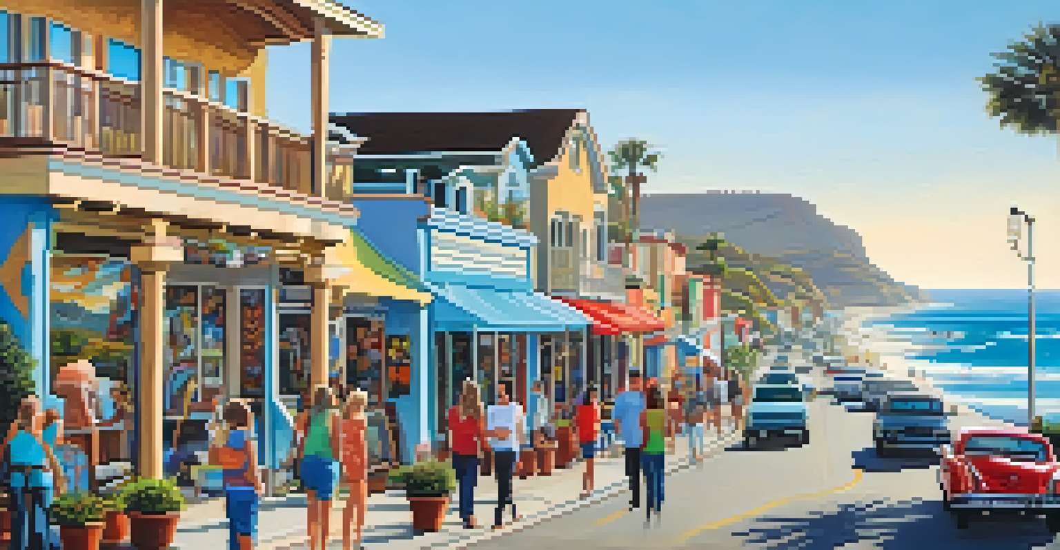 A picturesque view of Carlsbad Village showcasing colorful murals and art installations, with the ocean in the background and visitors enjoying the atmosphere.