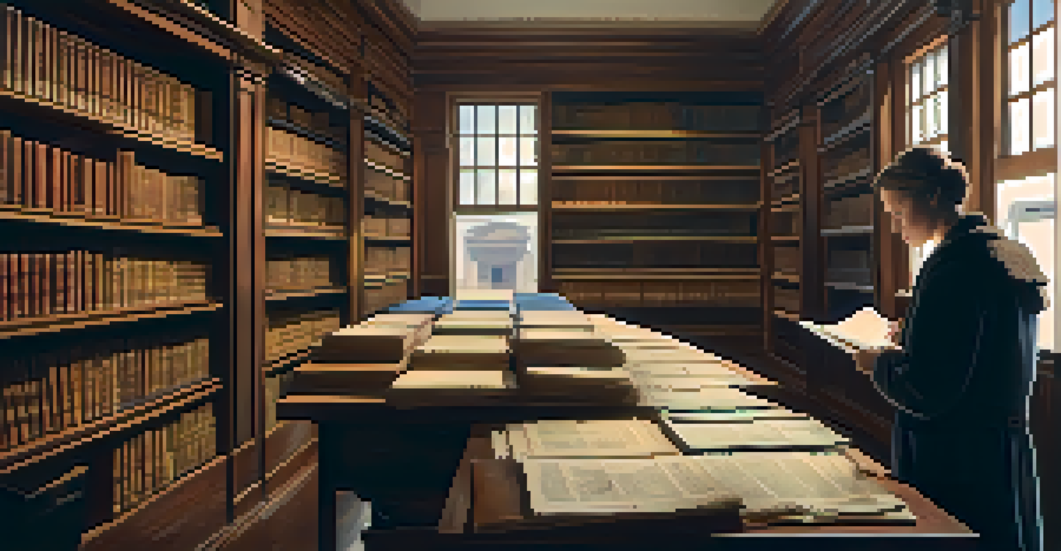A cozy interior view of the archives with shelves of historical documents and a researcher studying at a table.