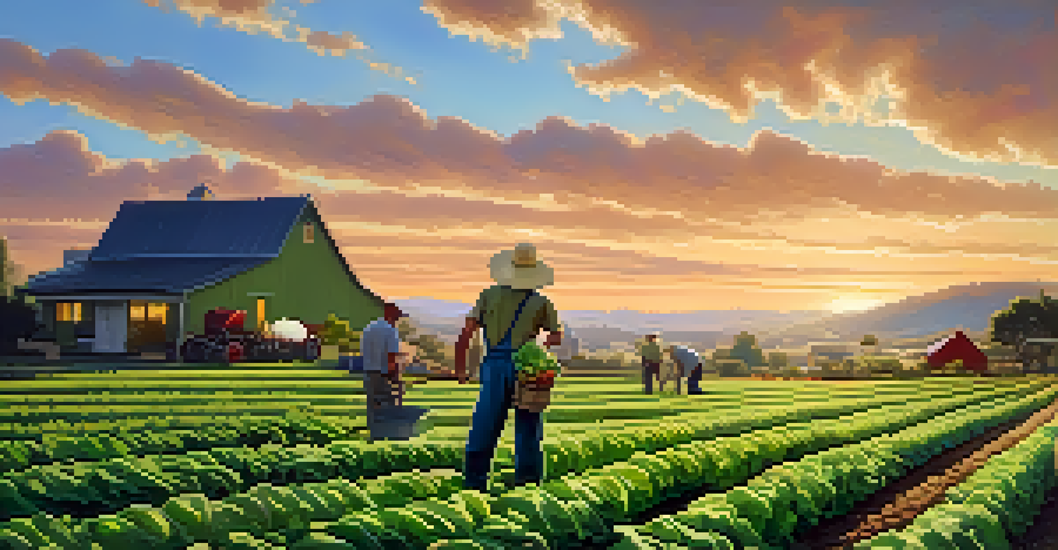 A serene organic farm with a farmer tending to crops, a farmhouse in the background, and a colorful sunset.