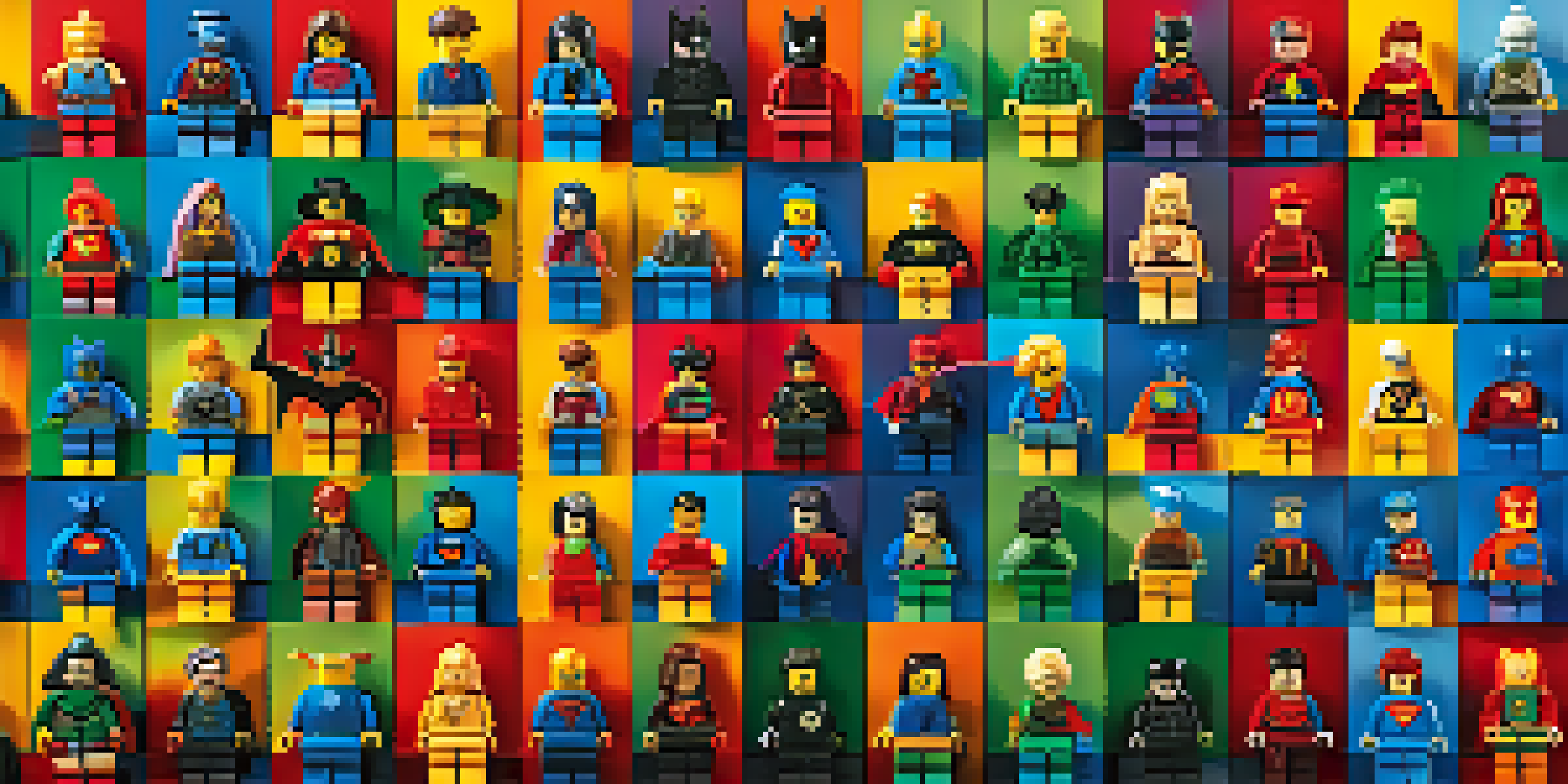 A collection of various Lego minifigures in different themes like superheroes and princesses, against a colorful background.