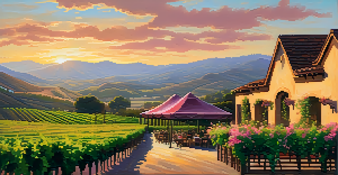 A beautiful vineyard in Carlsbad, California, at sunset, with green grapevines and a cozy tasting room.