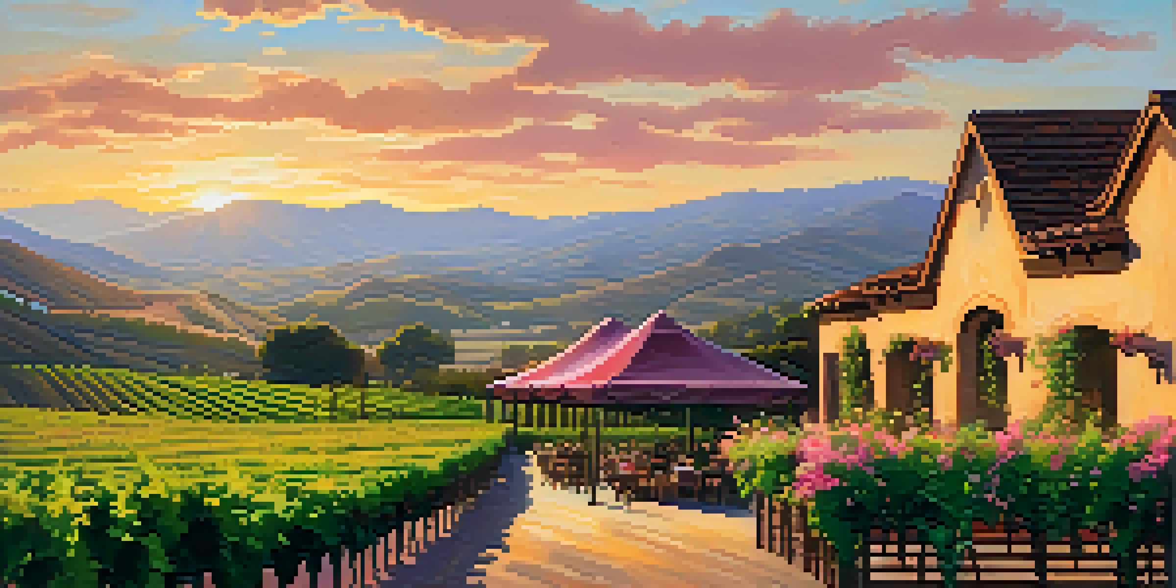 A beautiful vineyard in Carlsbad, California, at sunset, with green grapevines and a cozy tasting room.