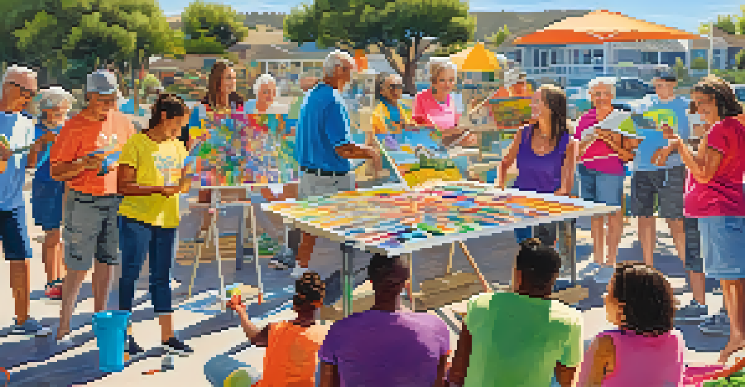 A diverse group of community members, including children and adults, working together on a large mural during an outdoor art workshop in Carlsbad.