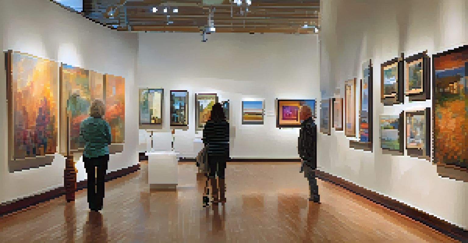 A spacious art gallery inside the Carlsbad Arts Center, showcasing various artworks with soft lighting.
