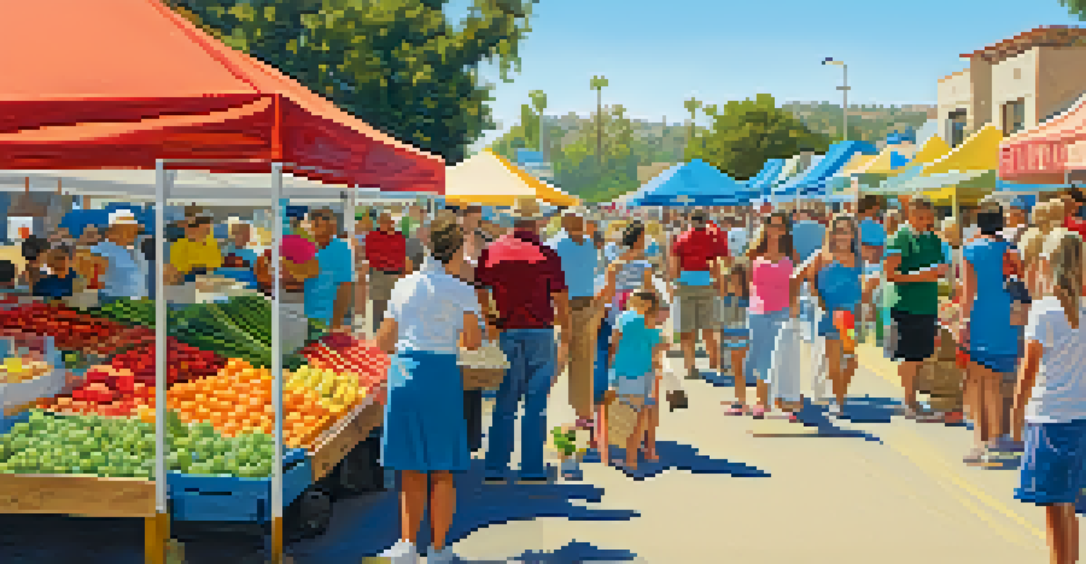 A bustling outdoor farmers market with families sampling food, colorful produce, and children playing.