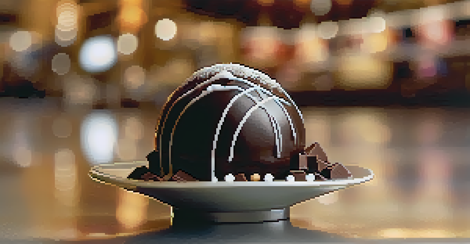 A close-up of a chocolate truffle with sea salt being held in a hand, surrounded by a blurred chocolate shop background.