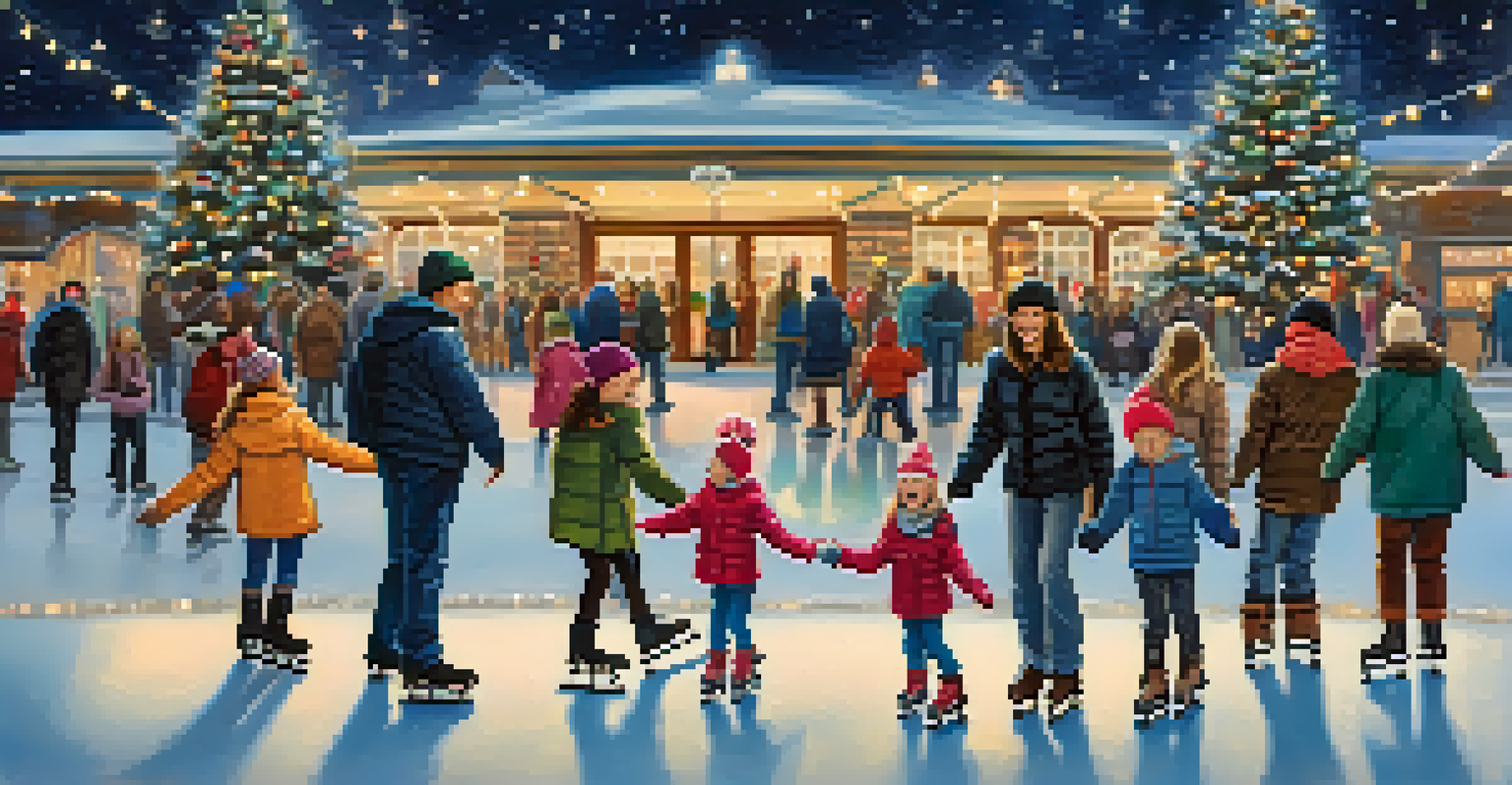 A vibrant ice skating rink filled with families and children laughing and skating under a sky filled with twinkling lights.