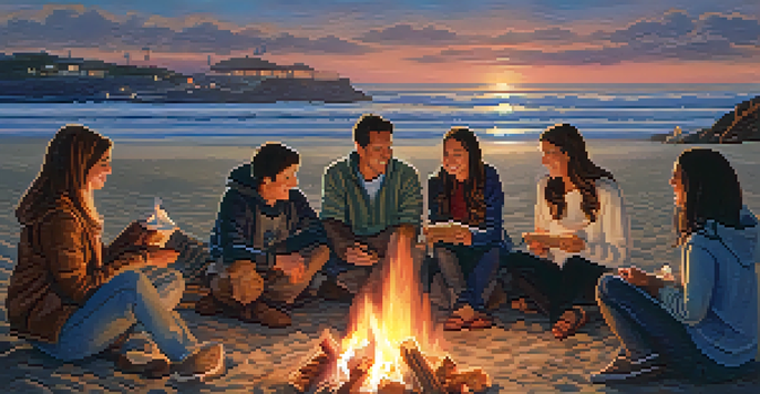 A family gathered around a bonfire on the beach during the holiday season, with a sunset in the background and festive decorations.