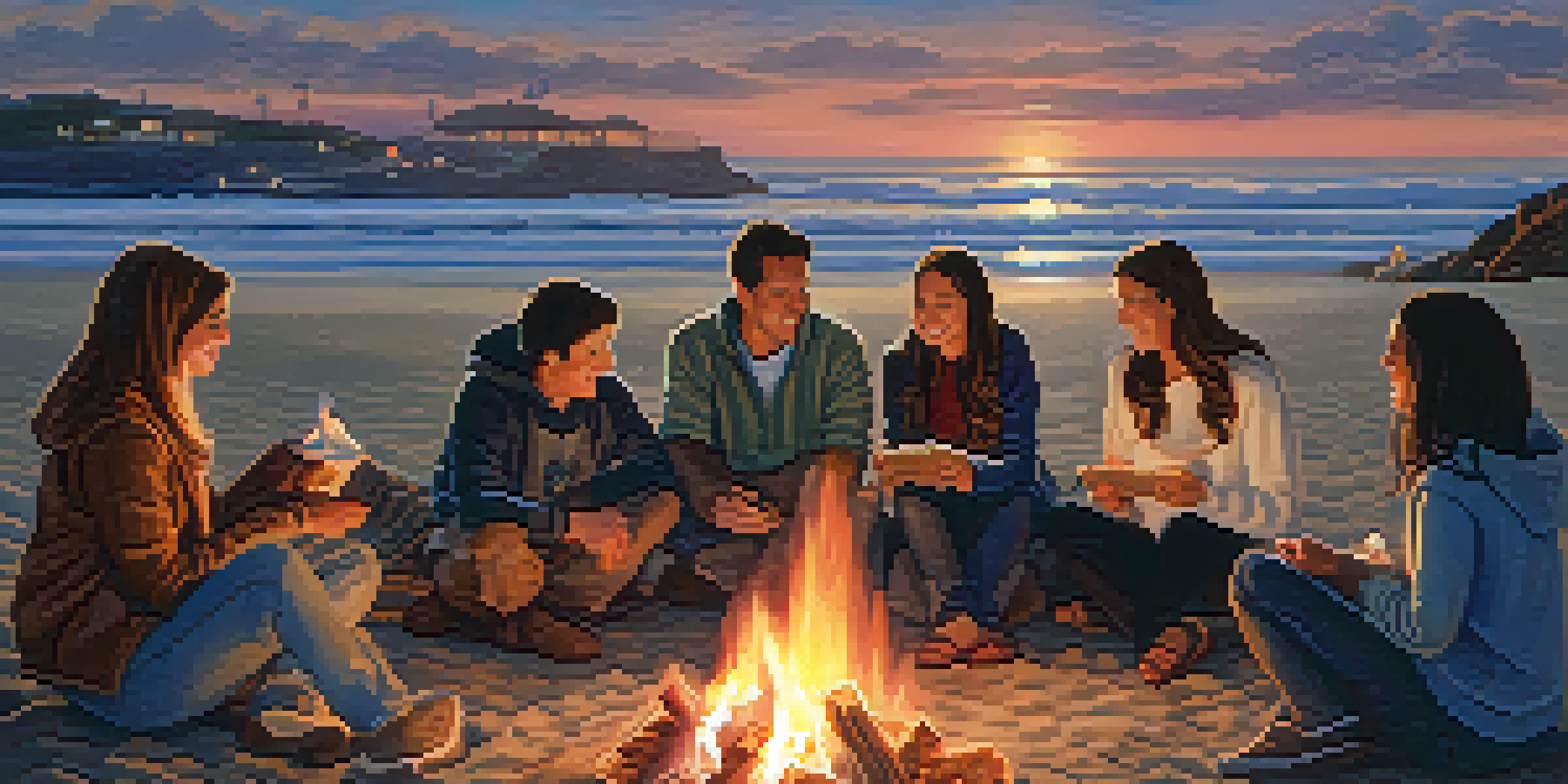 A family gathered around a bonfire on the beach during the holiday season, with a sunset in the background and festive decorations.