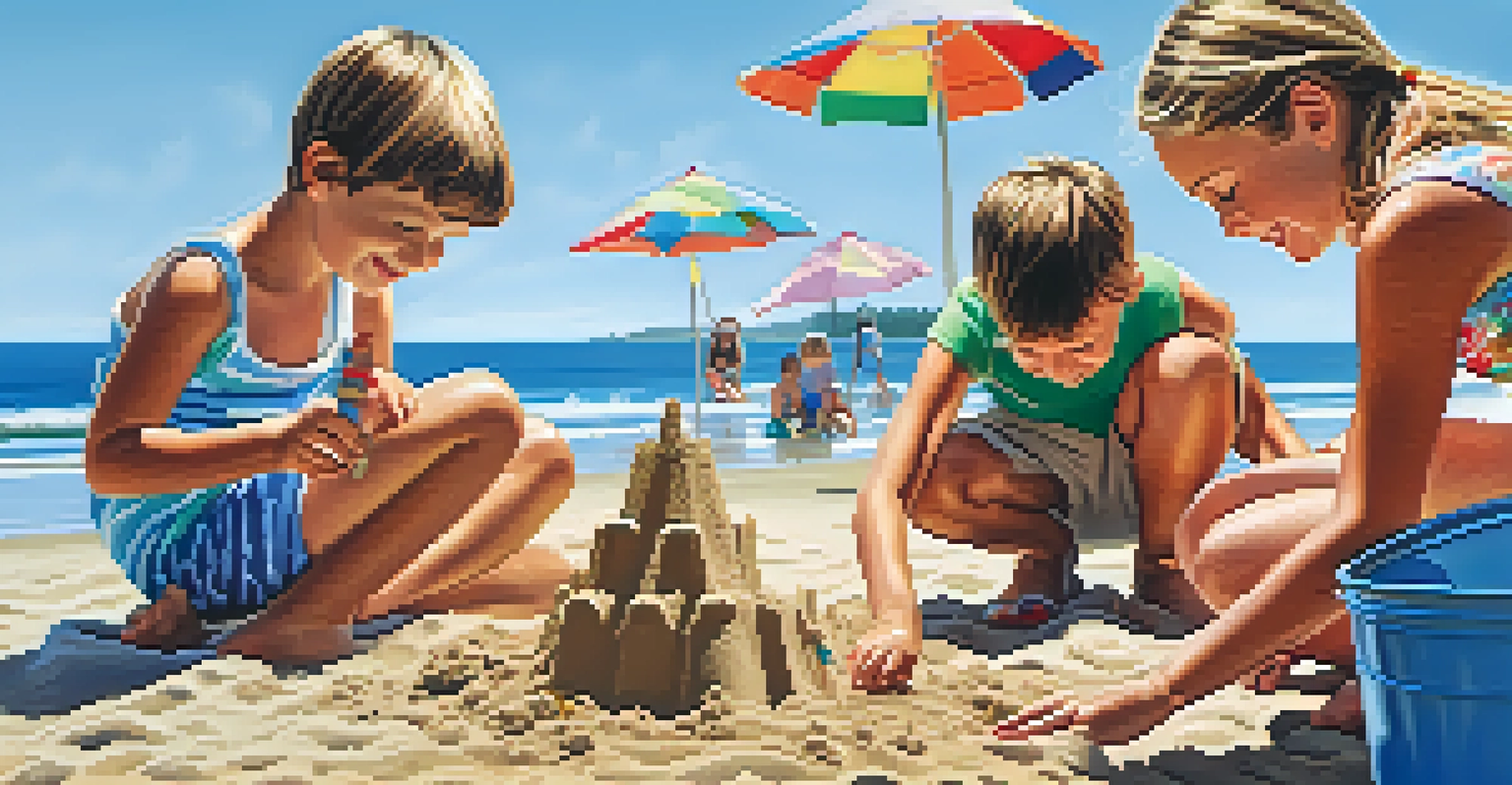A family building a sandcastle on Tamarack Beach, children playing with colorful beach toys and soft ocean waves in the background.
