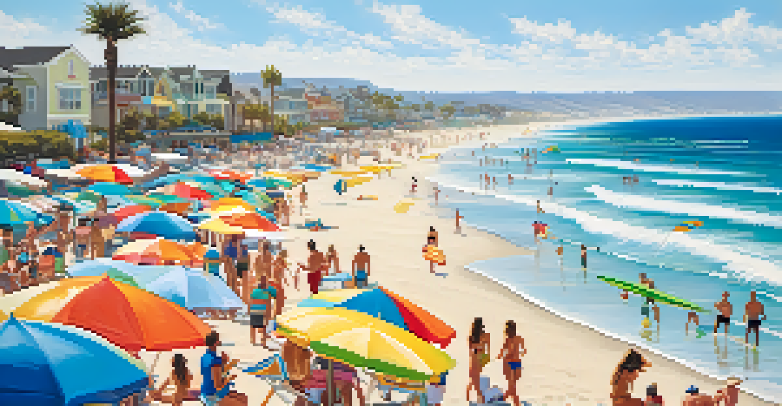 A bustling beach scene featuring surfers, paddleboarders, and beach volleyball players, with colorful towels and umbrellas under a clear blue sky.