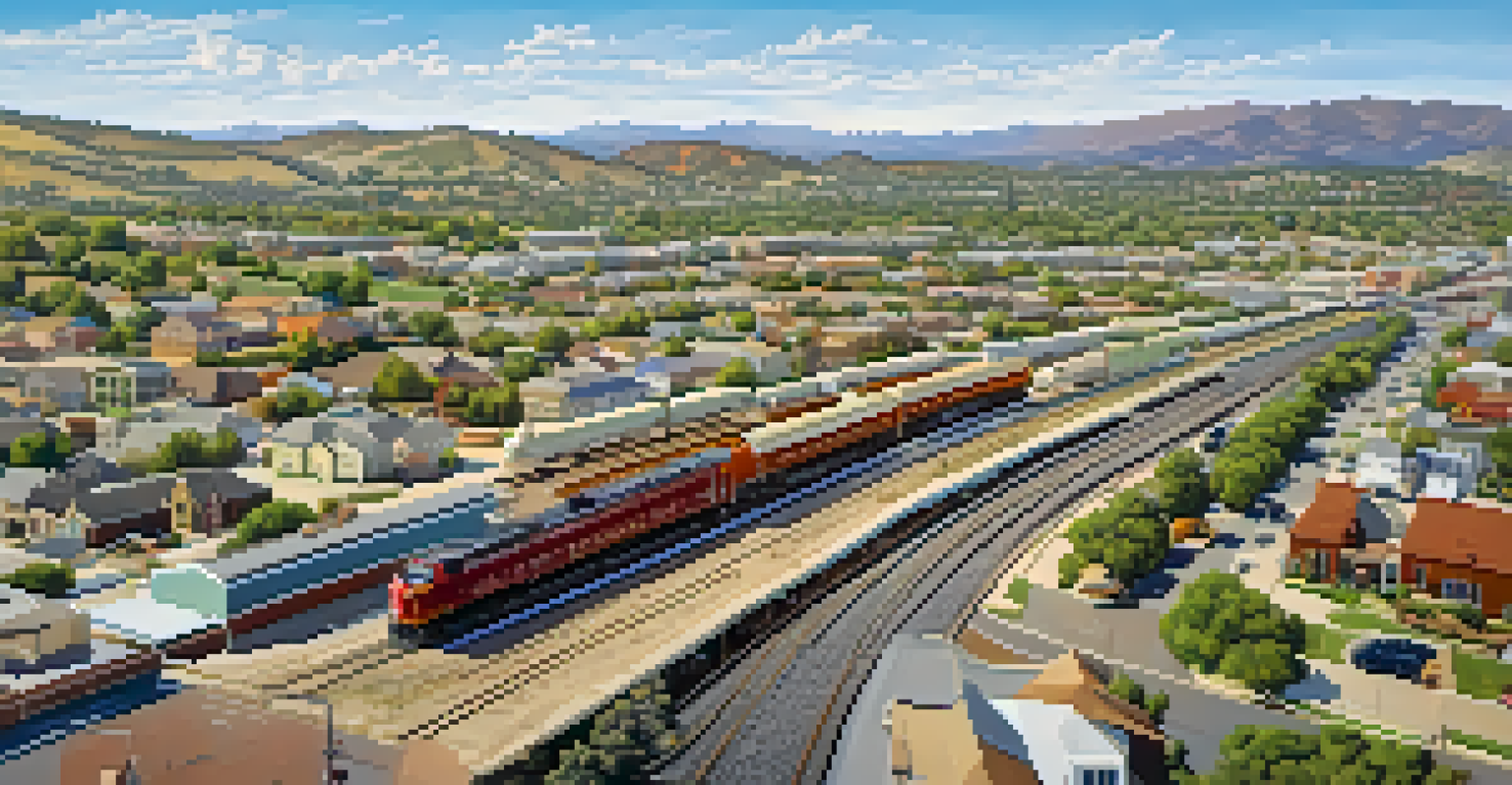 An aerial view of modern Carlsbad, highlighting its infrastructure and green landscape, with visible railroad tracks representing its historical significance.
