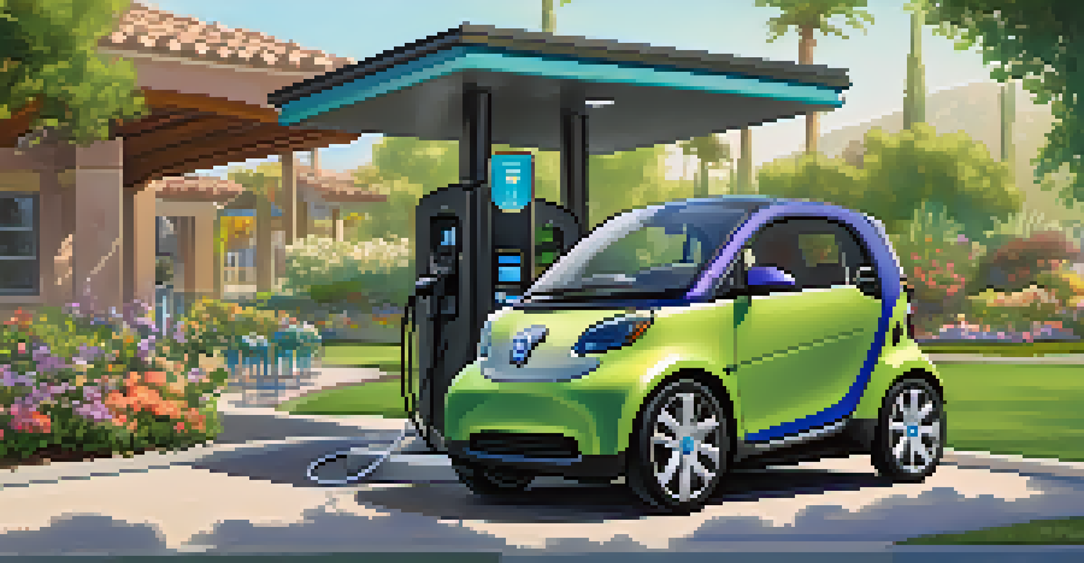 An electric vehicle charging station in a park with families enjoying a picnic nearby.