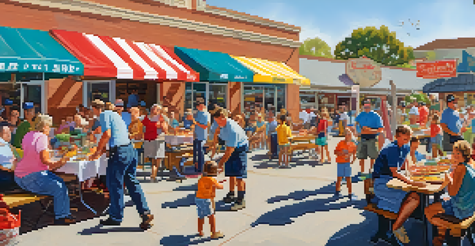 A community barbecue with volunteer firefighters grilling, families enjoying food, and children playing in a sunny park.