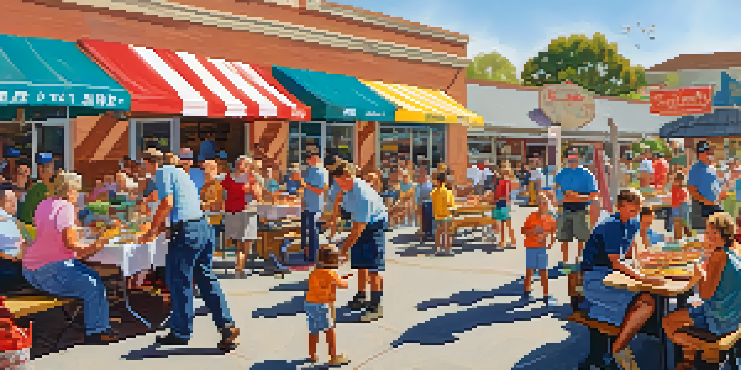A community barbecue with volunteer firefighters grilling, families enjoying food, and children playing in a sunny park.