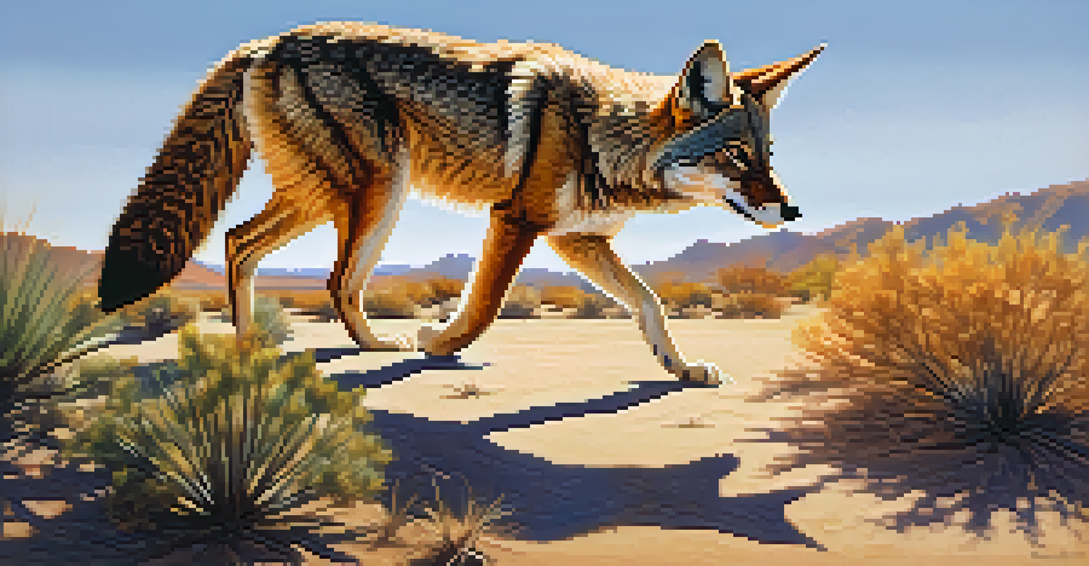A playful coyote in a colorful desert landscape, interacting with other animals at sunset.