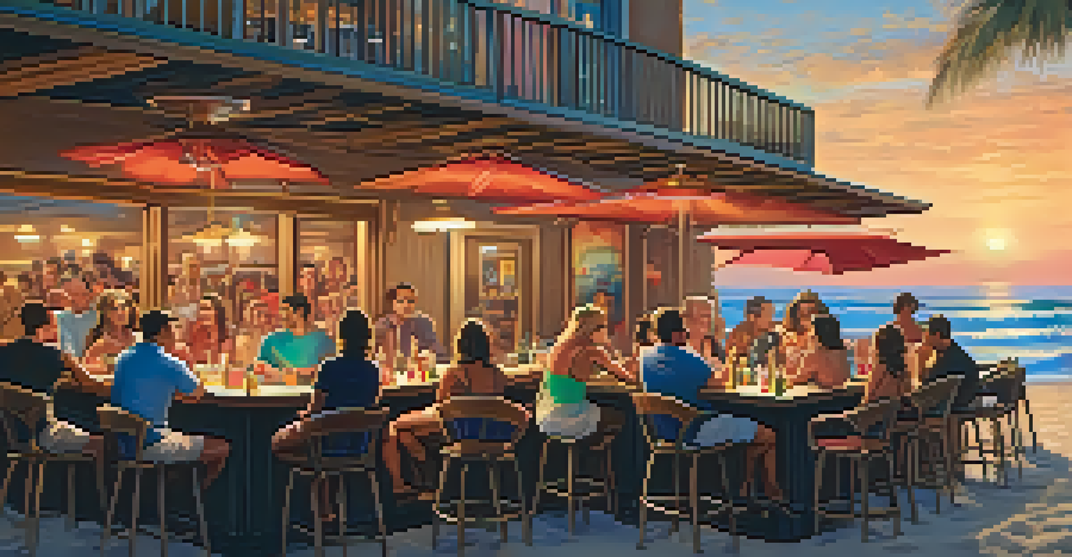 An evening scene at The Carlsbad Beach Bar, with friends dining outdoors and sunset views over the ocean.