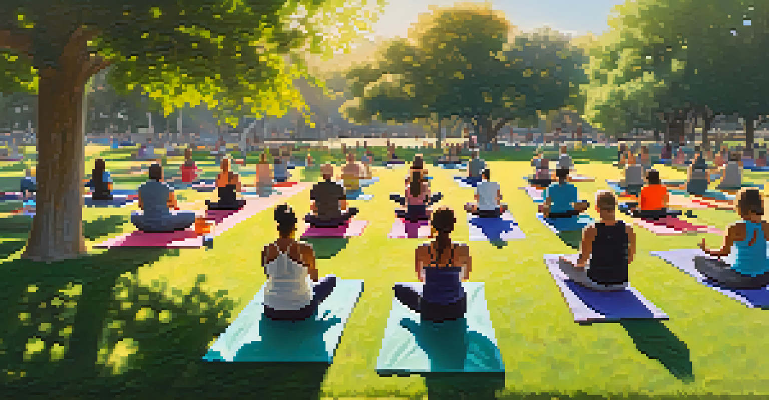 Participants of different ages practicing yoga on colorful mats in a sunlit park surrounded by trees.