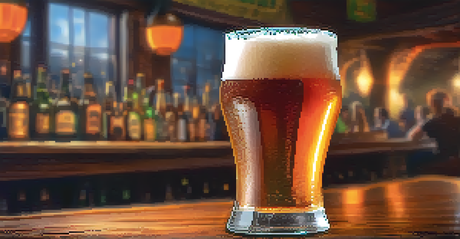 A close-up of a beer glass filled with amber ale on a wooden bar, with warm lighting and blurred people in the background.