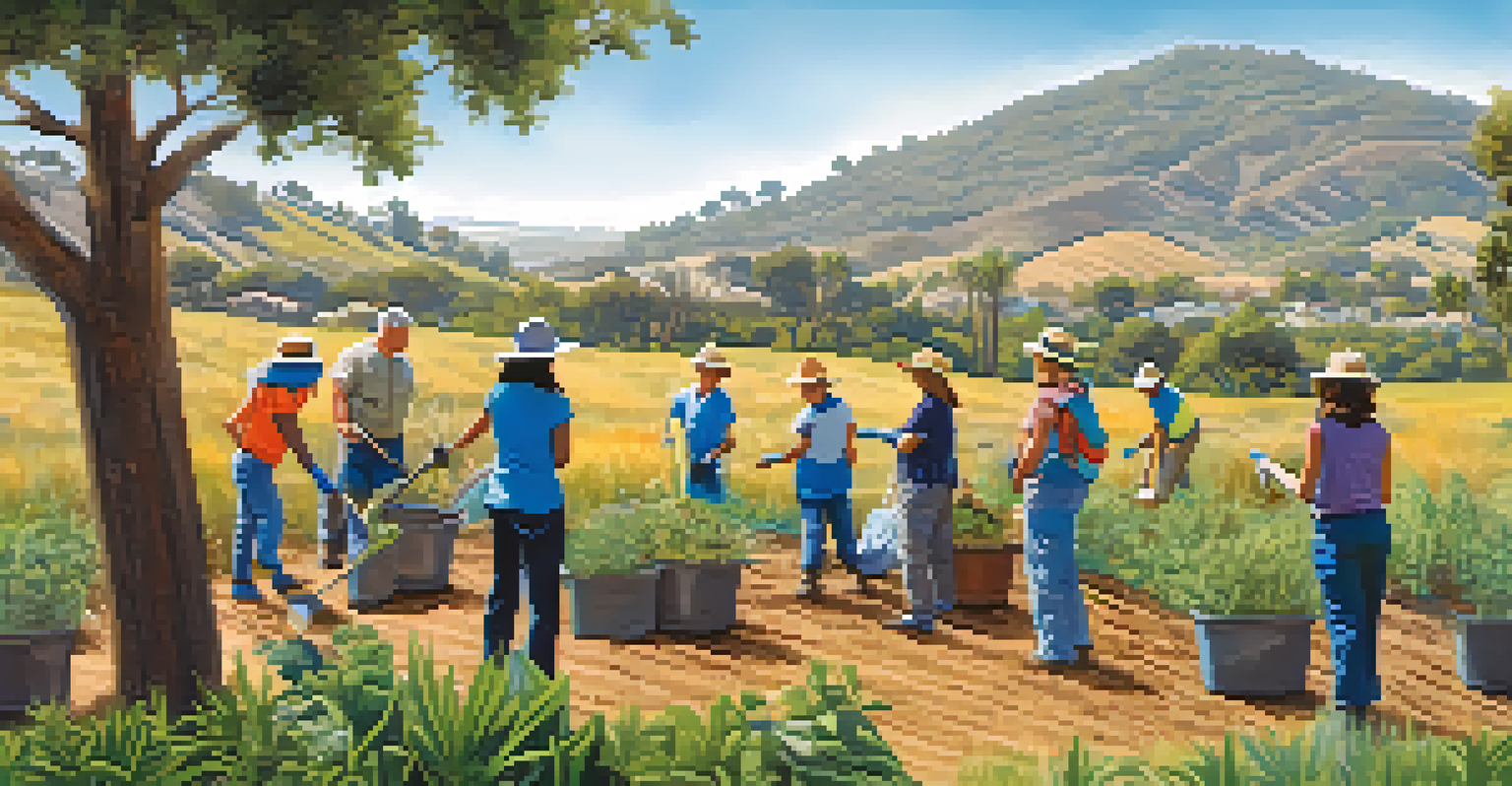 A community conservation event in Carlsbad with residents planting native trees and shrubs under a blue sky.