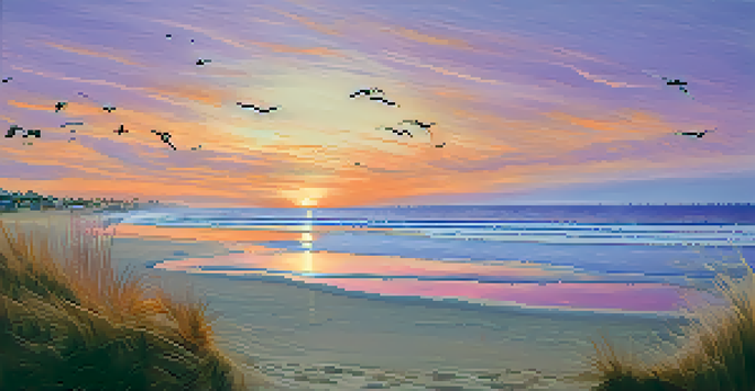 A sunset scene at Carlsbad beach, showing colorful sky reflections on the water, with seashells and beach grass in the foreground and birds flying in the distance.