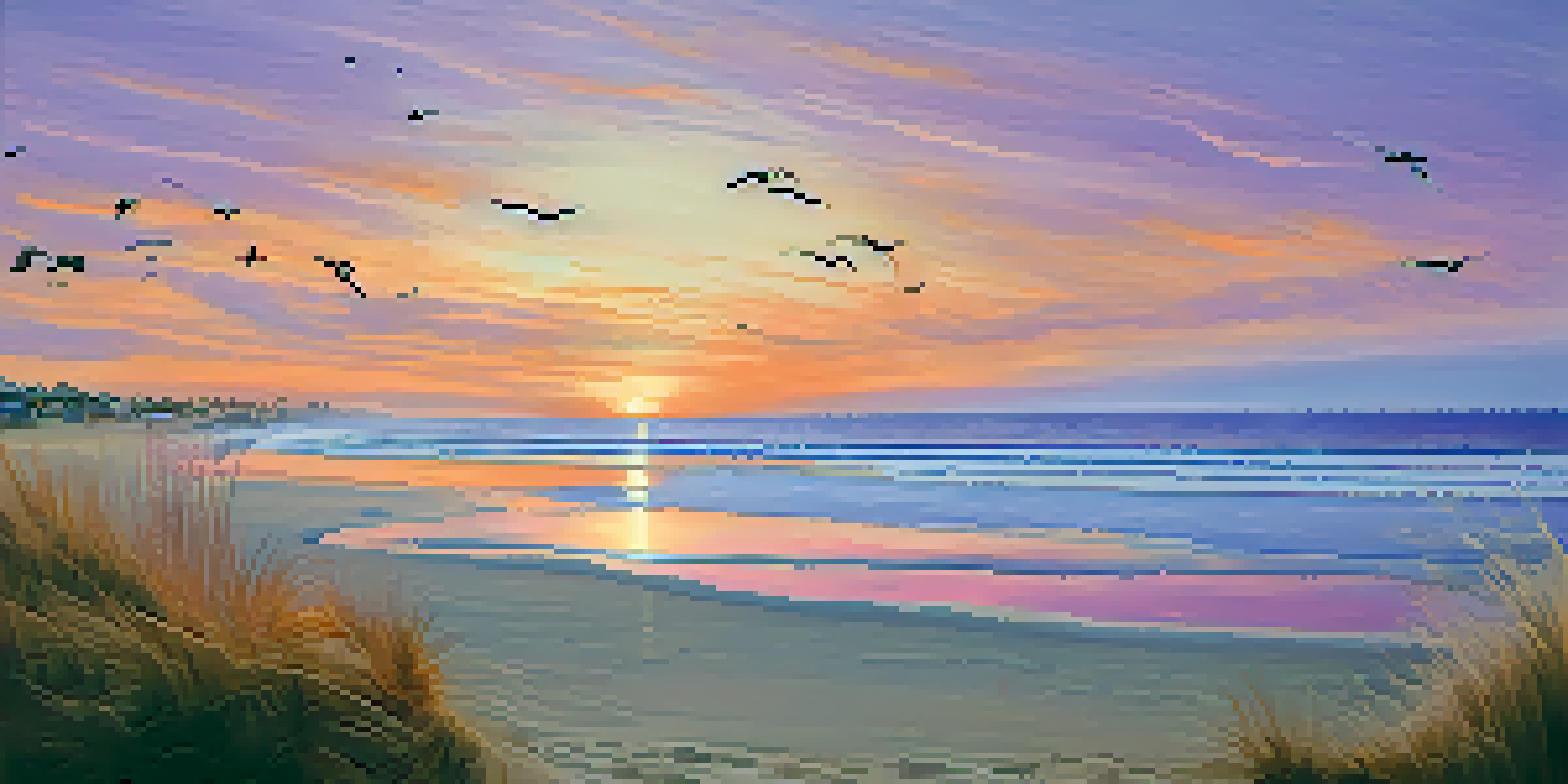 A sunset scene at Carlsbad beach, showing colorful sky reflections on the water, with seashells and beach grass in the foreground and birds flying in the distance.
