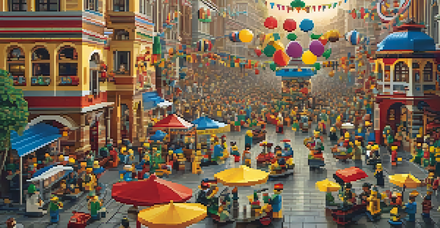A vibrant LEGO festival scene showcasing cultural diversity with colorful decorations and festive figures.