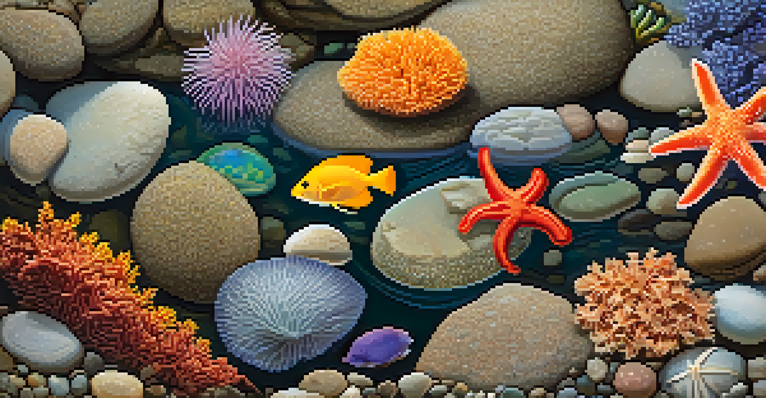 A detailed view of a tide pool in Carlsbad filled with sea stars, anemones, and colorful fish swimming in clear water.