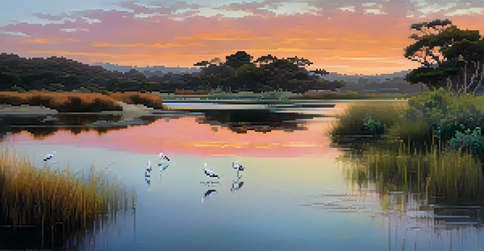 A peaceful lagoon at sunset with reflected colors in the water, a walking trail in the foreground, and birds wading in the wetlands.