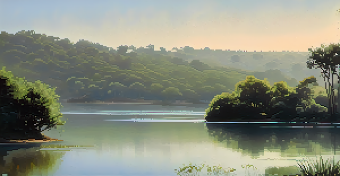 A peaceful lagoon at dawn with mist hovering over the water and surrounded by greenery.