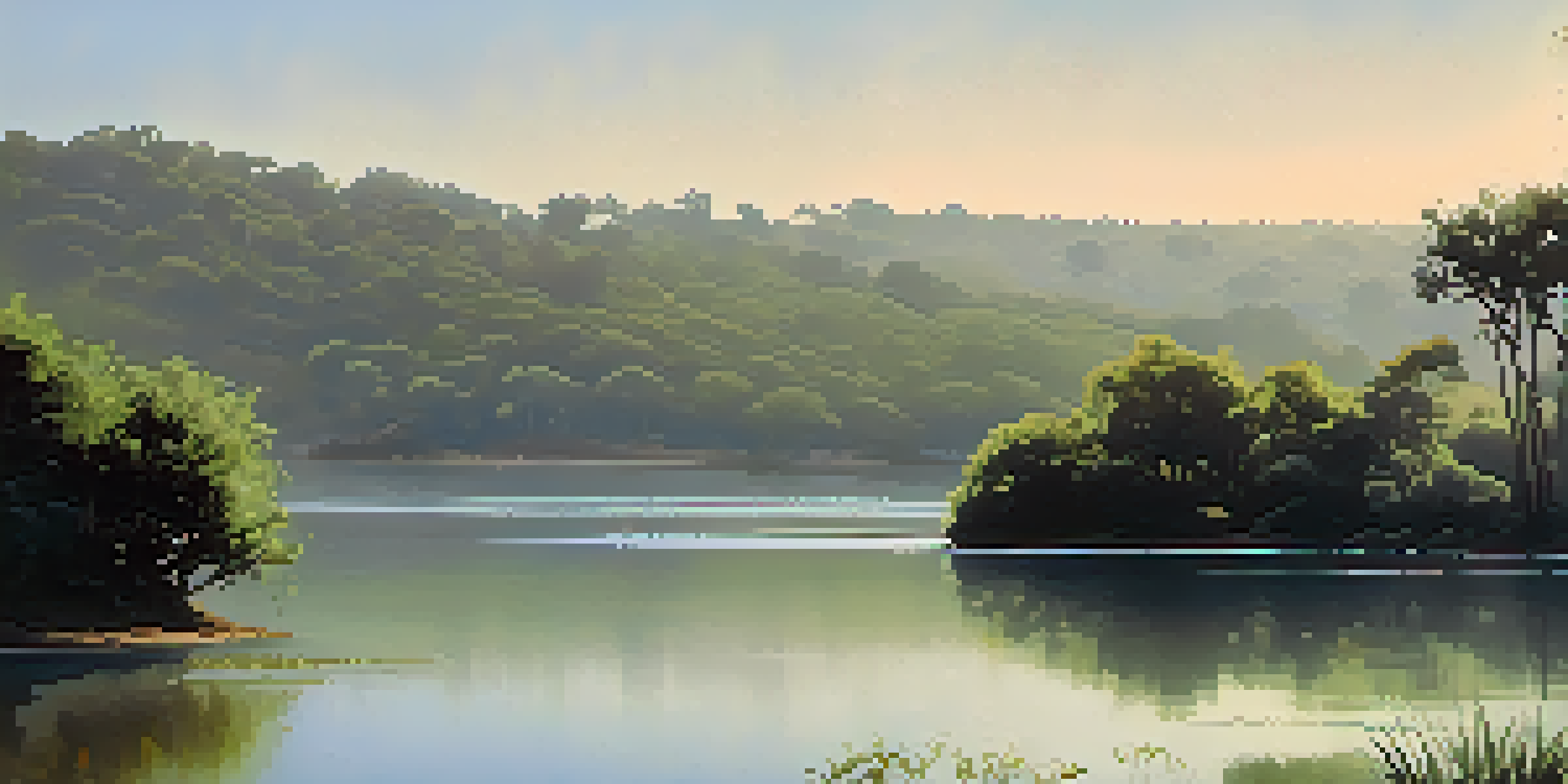 A peaceful lagoon at dawn with mist hovering over the water and surrounded by greenery.