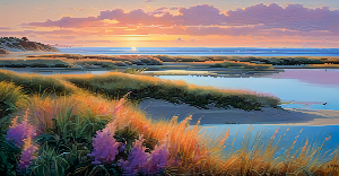 A scenic sunset view of Carlsbad's coastal wetlands, featuring native plants and nesting Western Snowy Plovers.