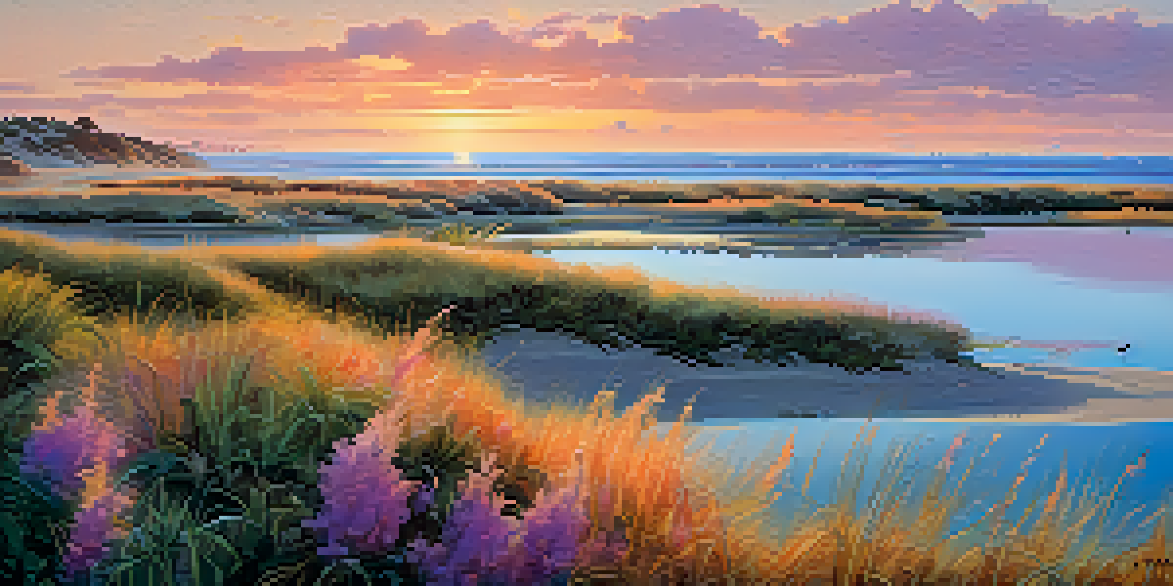 A scenic sunset view of Carlsbad's coastal wetlands, featuring native plants and nesting Western Snowy Plovers.