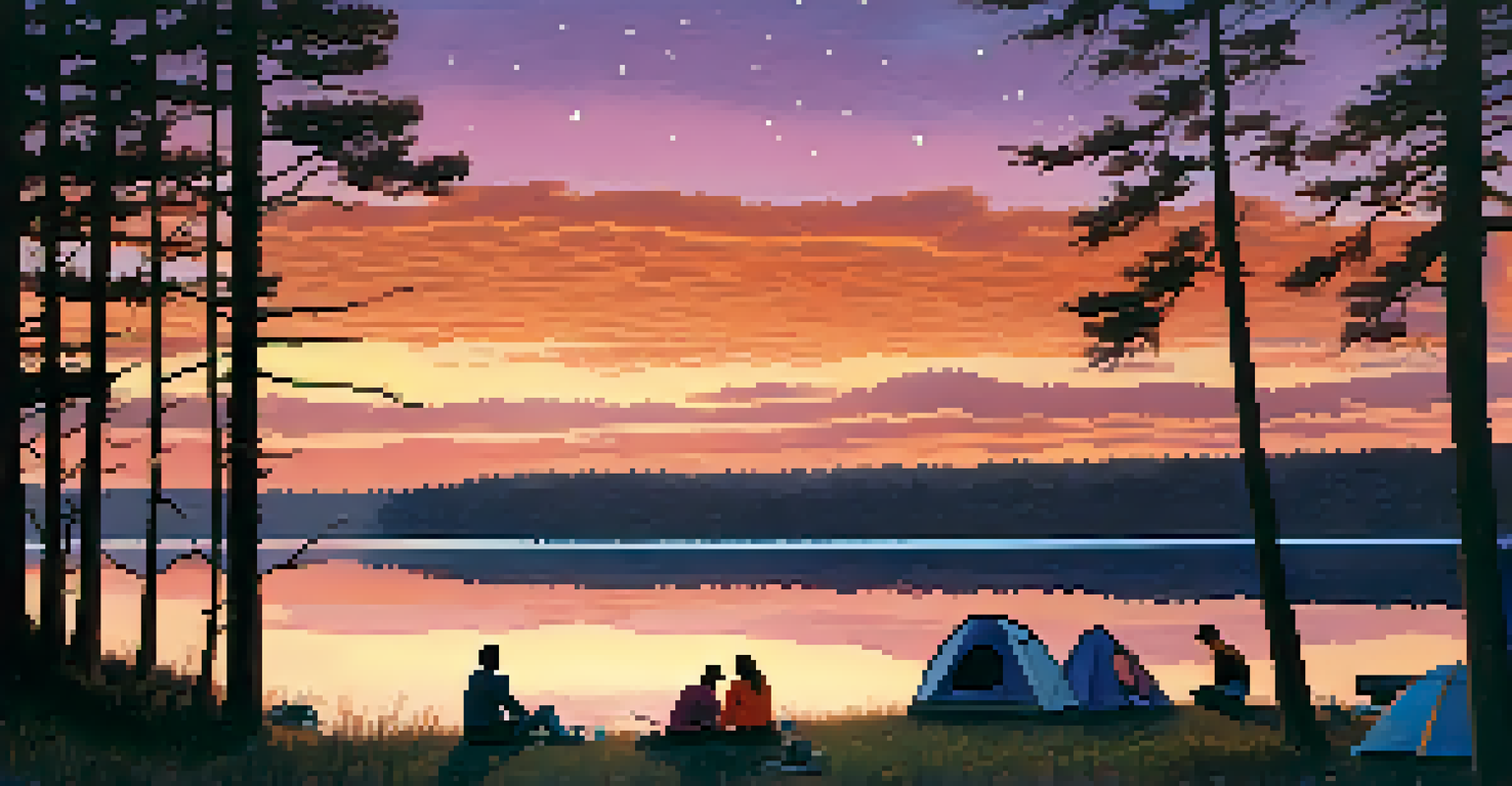 Sunset over Brantley Lake with campers and stars beginning to appear.