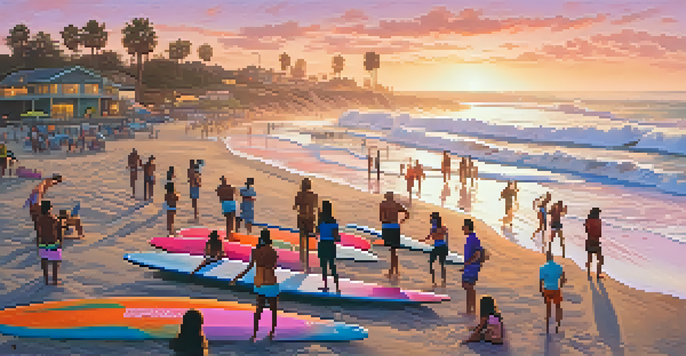 A lively beach scene in Carlsbad, California, with surfers riding waves at sunset, a family having a picnic, and colorful surfboards.