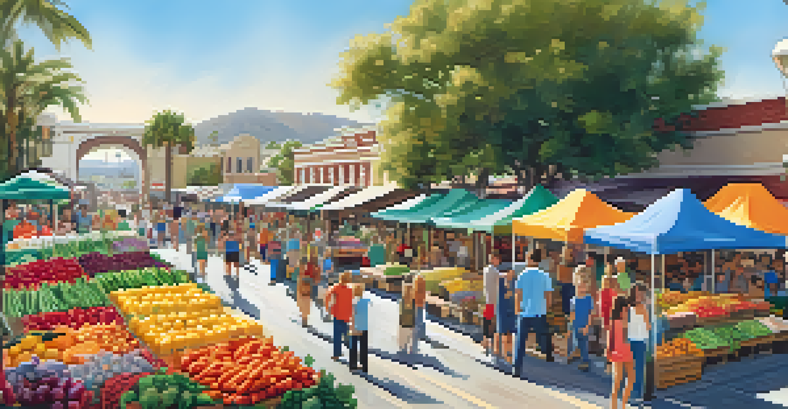 A bustling farmers' market at a train station in Carlsbad with stalls of fresh produce and vibrant decorations.