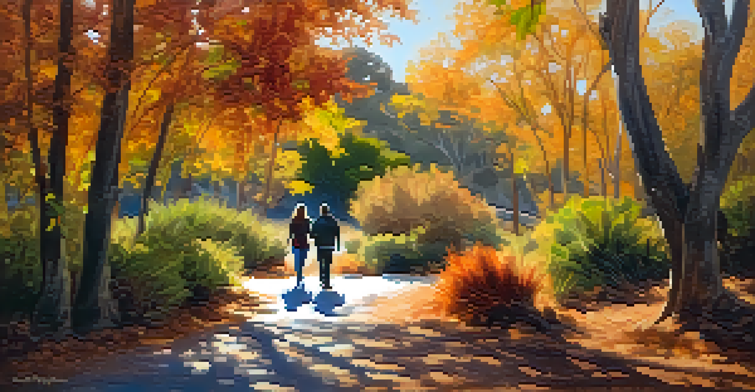 A tranquil autumn nature walk at Batiquitos Lagoon in Carlsbad, with vibrant trees and a couple strolling along a scenic path.