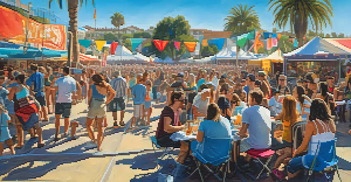 A vibrant outdoor music festival with a diverse crowd enjoying live performances, colorful banners, and food stalls under a clear blue sky.
