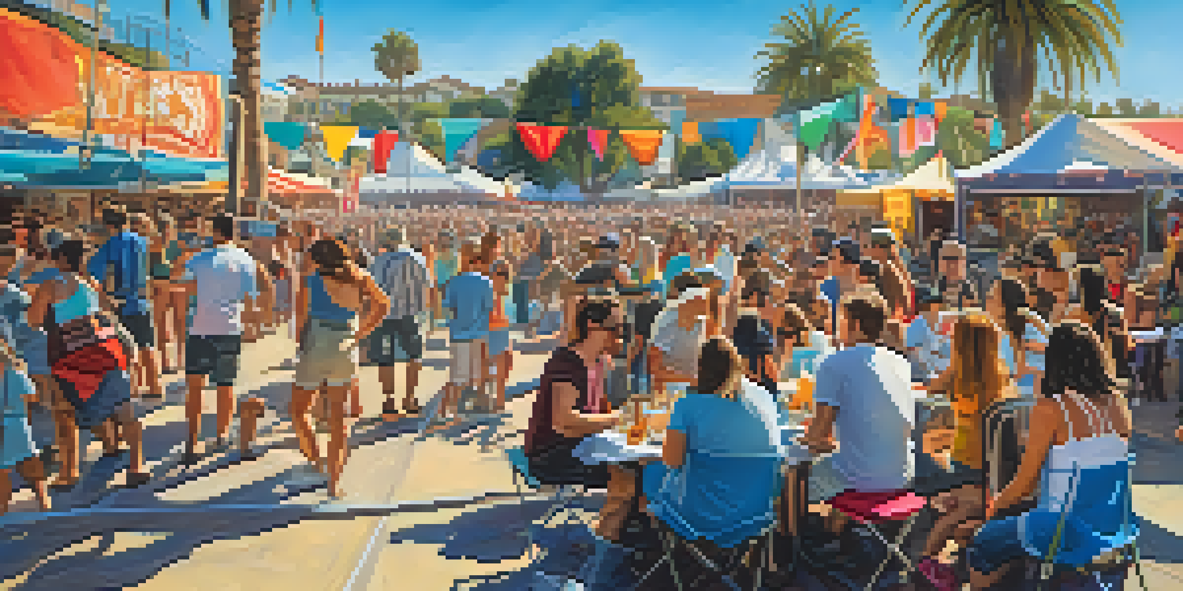 A vibrant outdoor music festival with a diverse crowd enjoying live performances, colorful banners, and food stalls under a clear blue sky.