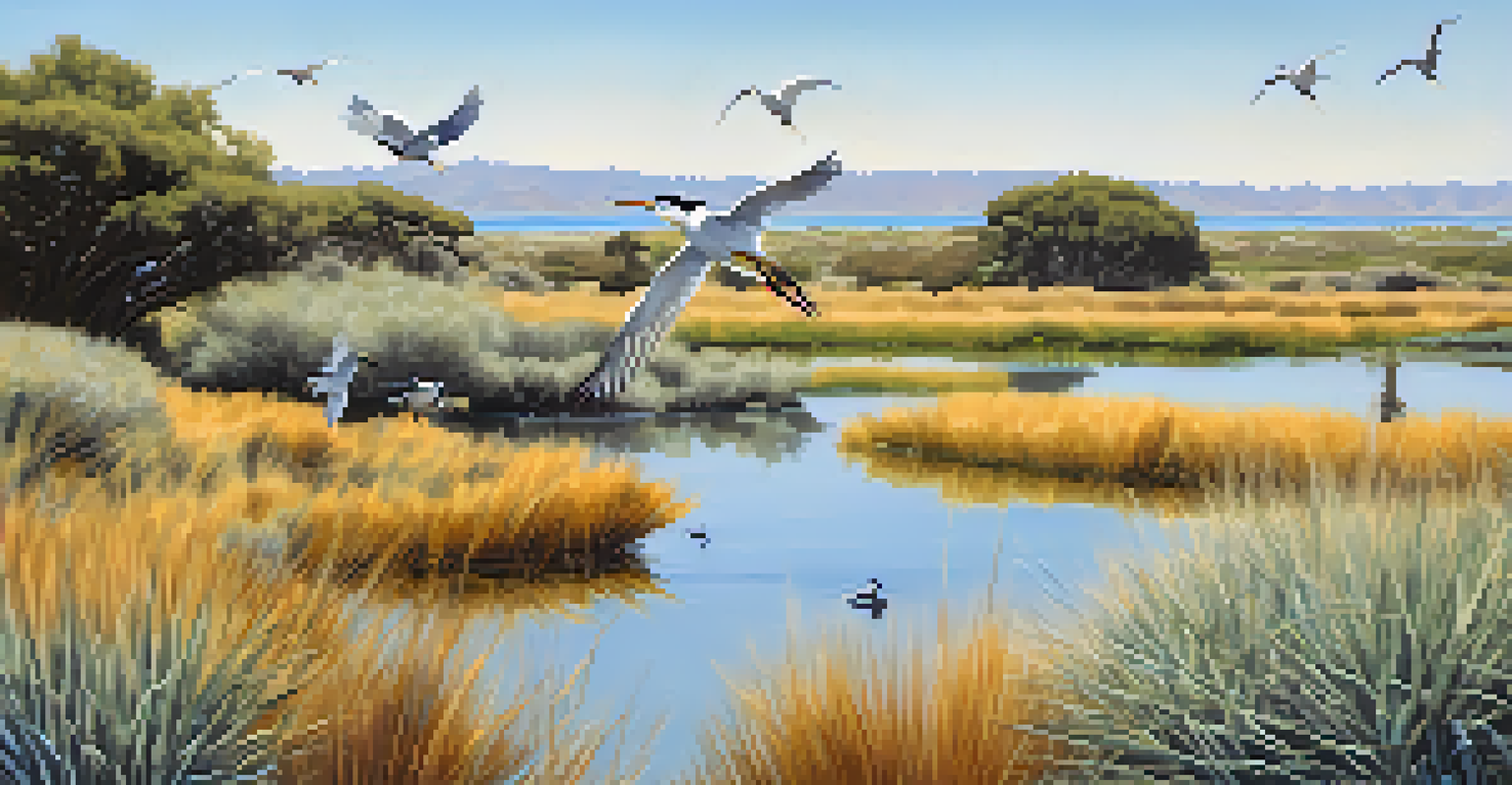 A lively ecological reserve with various birds including least terns and blue herons, set in a sunny environment with wetlands and sage scrub.