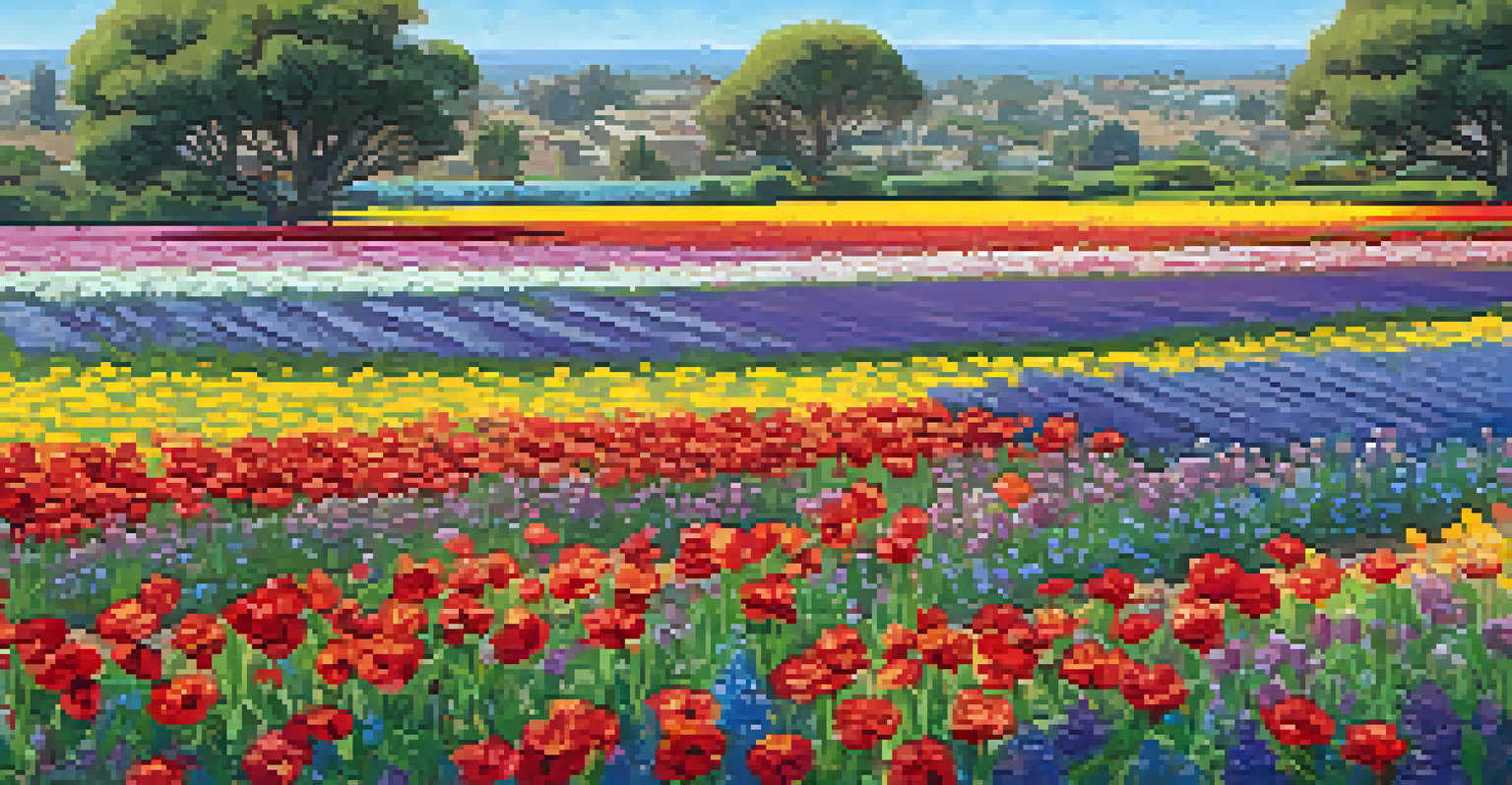 Close-up of colorful flowers in bloom at the Flower Fields in Carlsbad during spring.