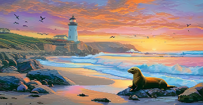 A coastal sunset in Carlsbad, California, with sea lions basking on rocks and colorful birds flying in a vibrant sky.