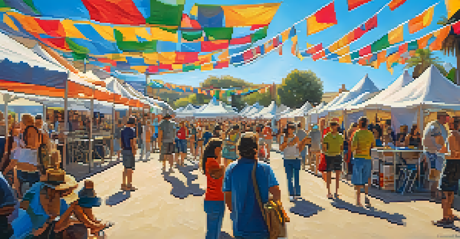 An outdoor art festival in Carlsbad with artists and diverse crowds enjoying performances under a clear blue sky.