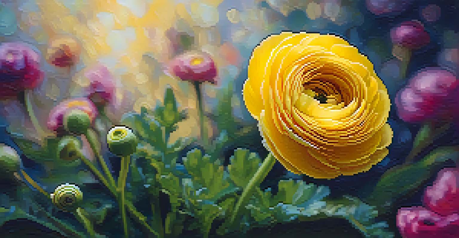 Close-up of a vibrant yellow ranunculus flower, showcasing its delicate petals and textures in sunlight.