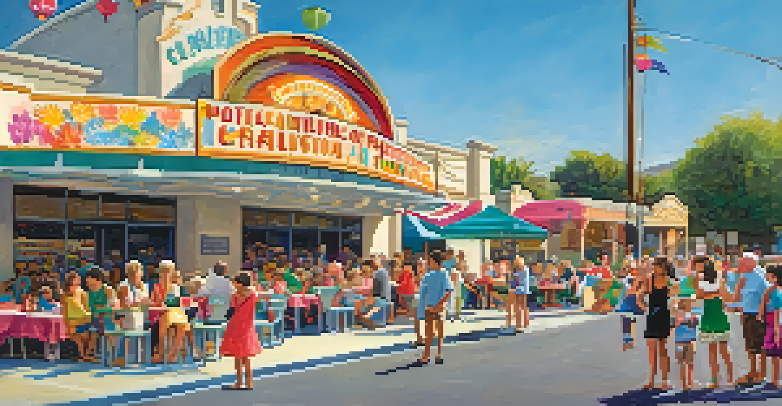Community event in front of a theater with families enjoying food and entertainment, colorful decorations visible.