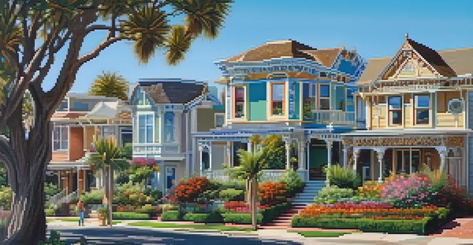 A street view of Victorian houses in Carlsbad, showcasing colorful facades and detailed architecture under a bright blue sky.