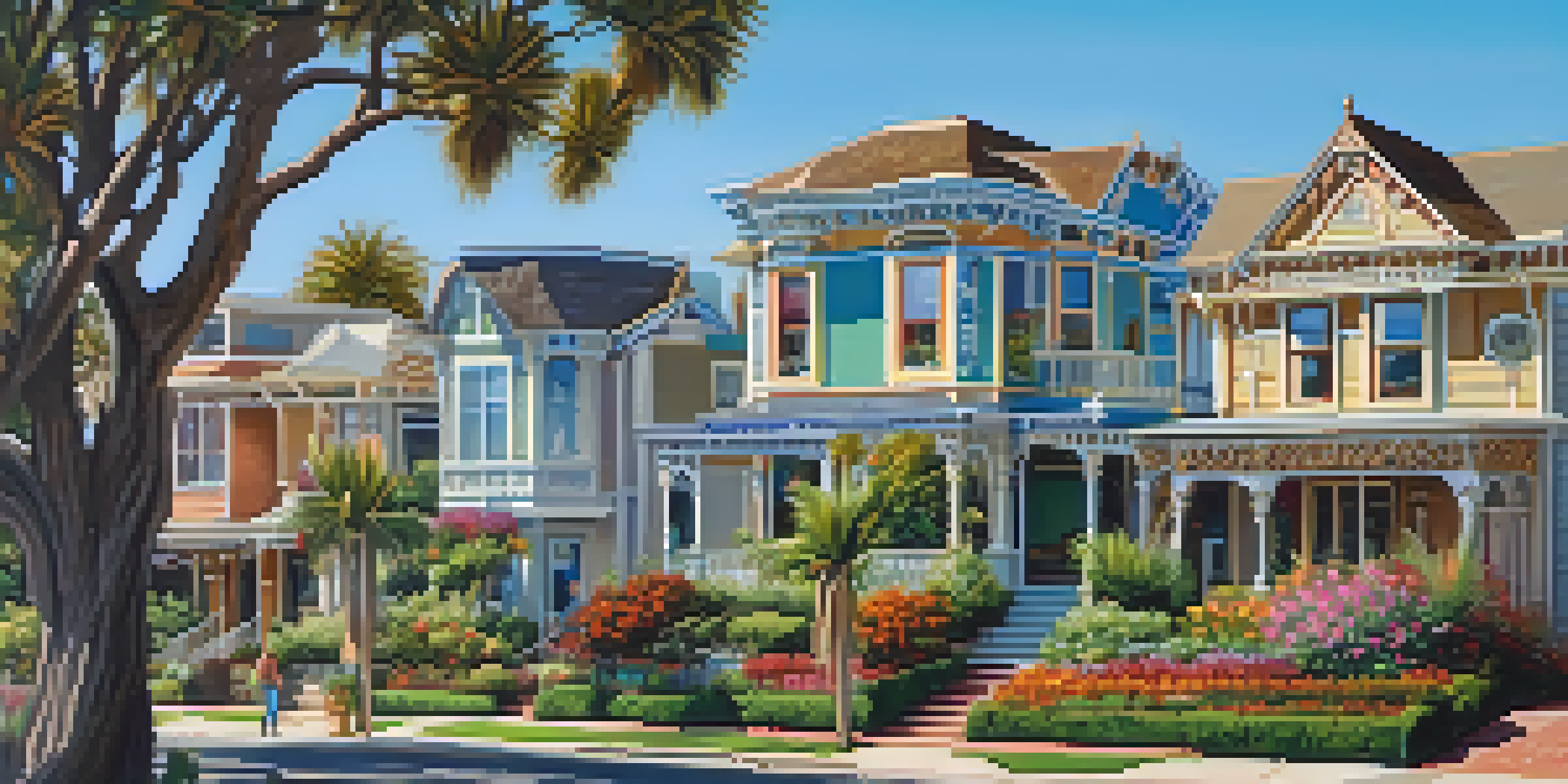 A street view of Victorian houses in Carlsbad, showcasing colorful facades and detailed architecture under a bright blue sky.
