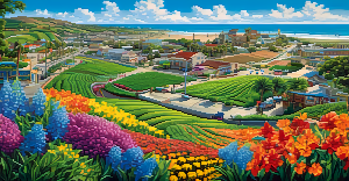 A colorful mural showing the evolution of Carlsbad, featuring agriculture and beach scenes with local wildlife and landmarks under a clear blue sky.