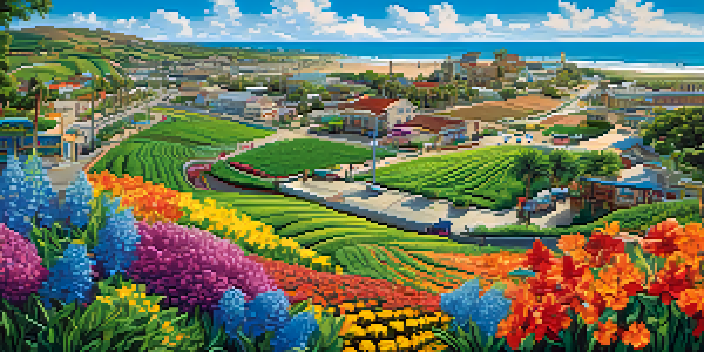 A colorful mural showing the evolution of Carlsbad, featuring agriculture and beach scenes with local wildlife and landmarks under a clear blue sky.