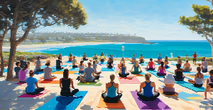 A colorful outdoor yoga class on the Carlsbad coastline, with diverse participants practicing yoga poses under a clear blue sky.